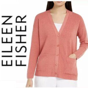 Eileen Fisher Coral Linen Knit Cardigan V-Neck Button Front Pockets Size Medium